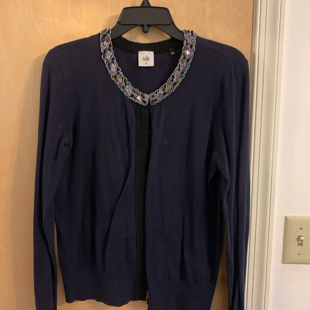 CAbi Blue Cardigan with Embellished Neckline